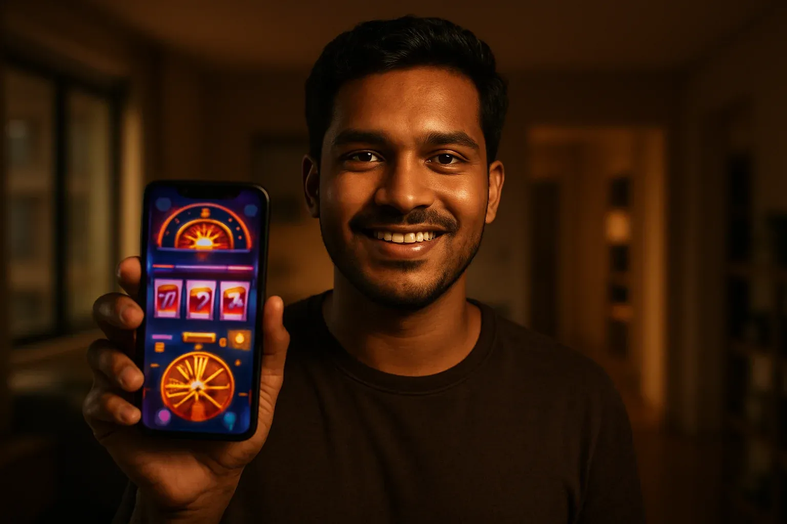 Young Bangladeshi man holding smartphone showing colorful mobile casino app
