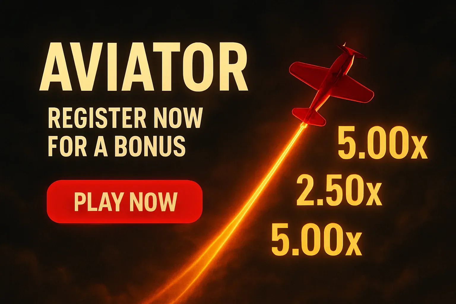 Aviator crash game banner with red plane, multipliers, and play button
