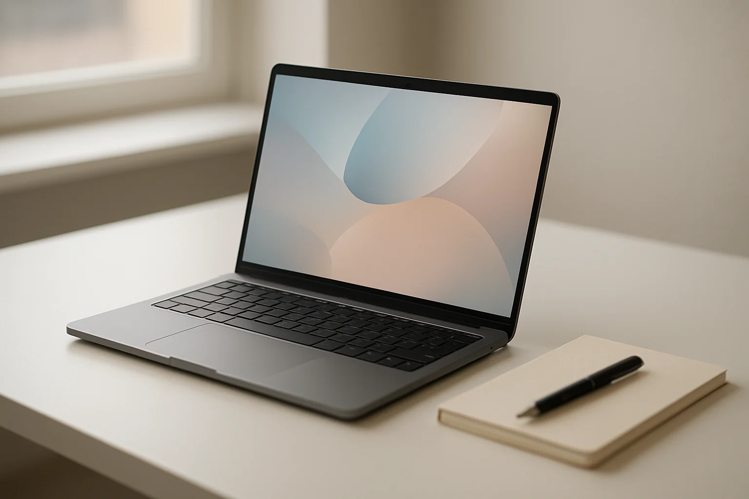 Modern laptop on white desk with abstract glowing screen