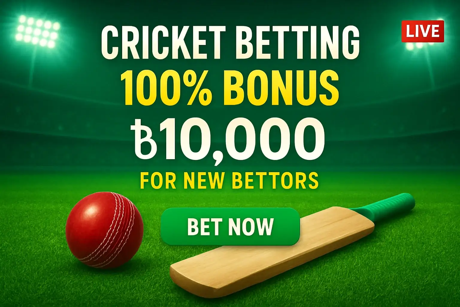 Cricket betting banner with stadium, bat, ball, bonus, and CTA