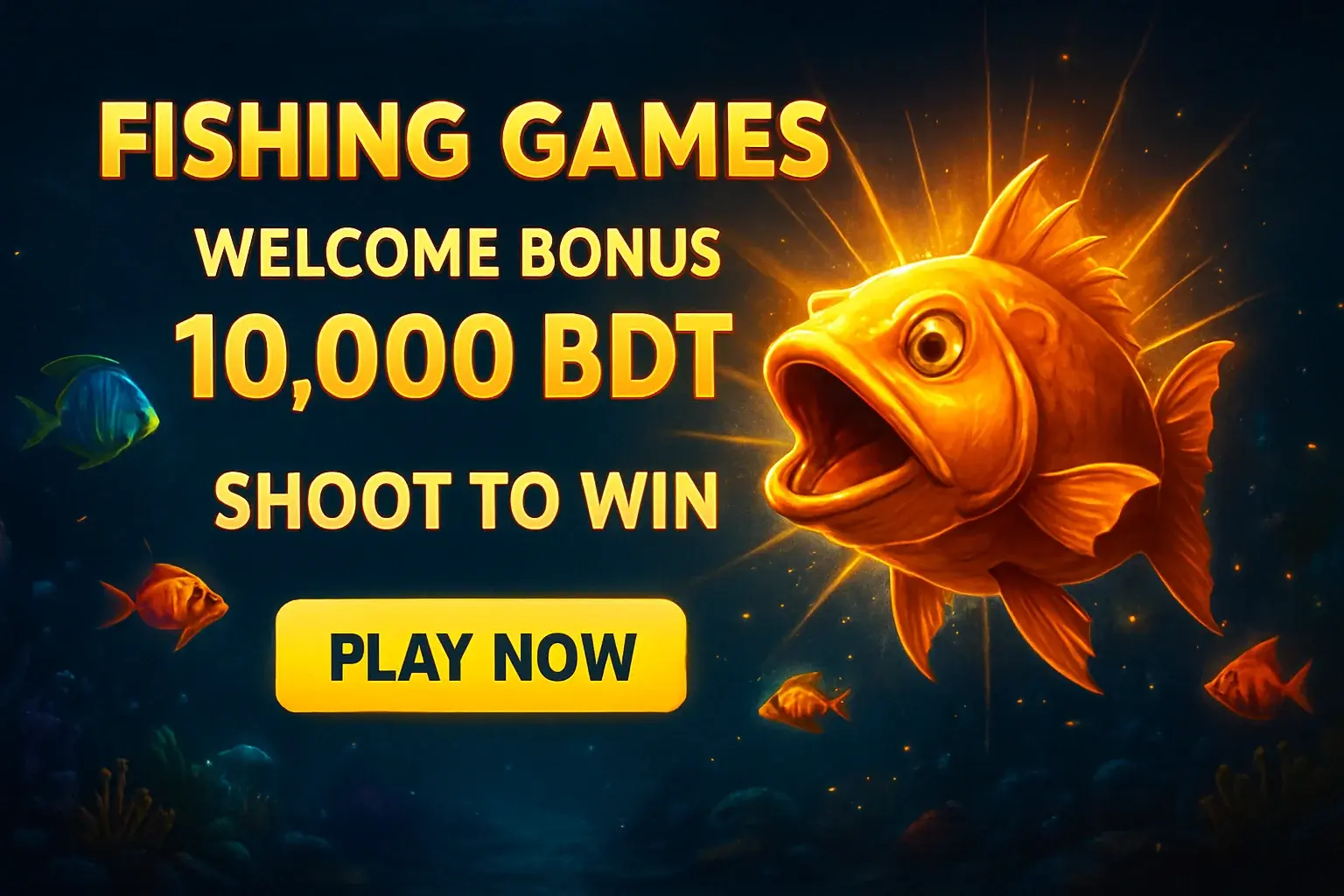 Promotional fishing arcade banner with golden boss fish and bonus offer