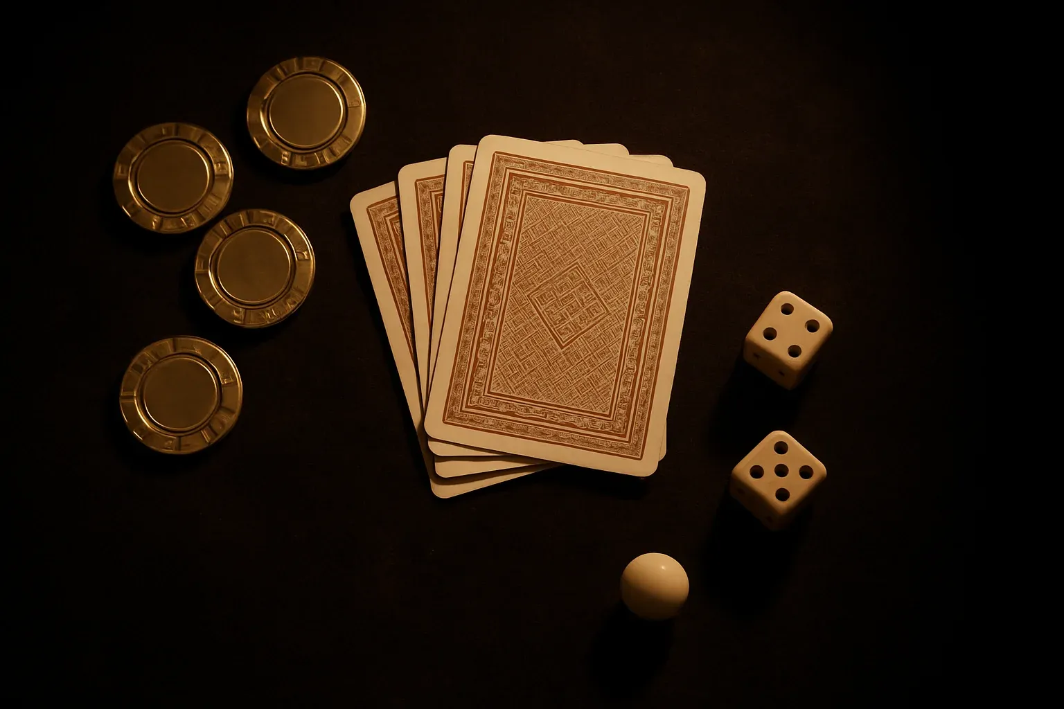 Golden casino chips, playing cards, dice, and roulette ball on velvet