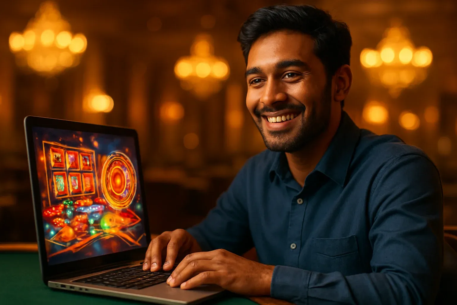 Cheerful Bangladeshi man with open laptop in premium casino lounge
