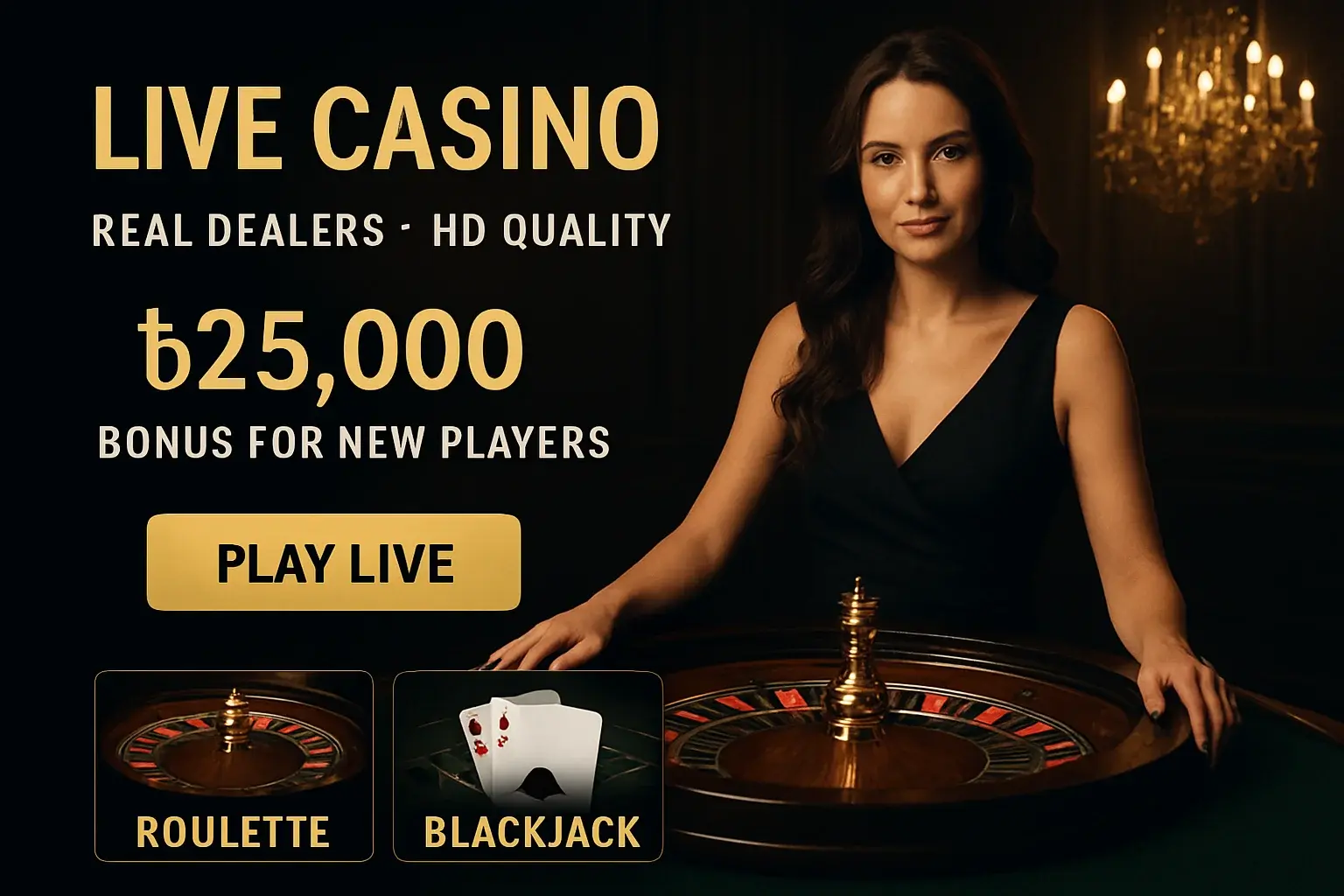 Live casino banner with female dealer, roulette table, and bonus offer