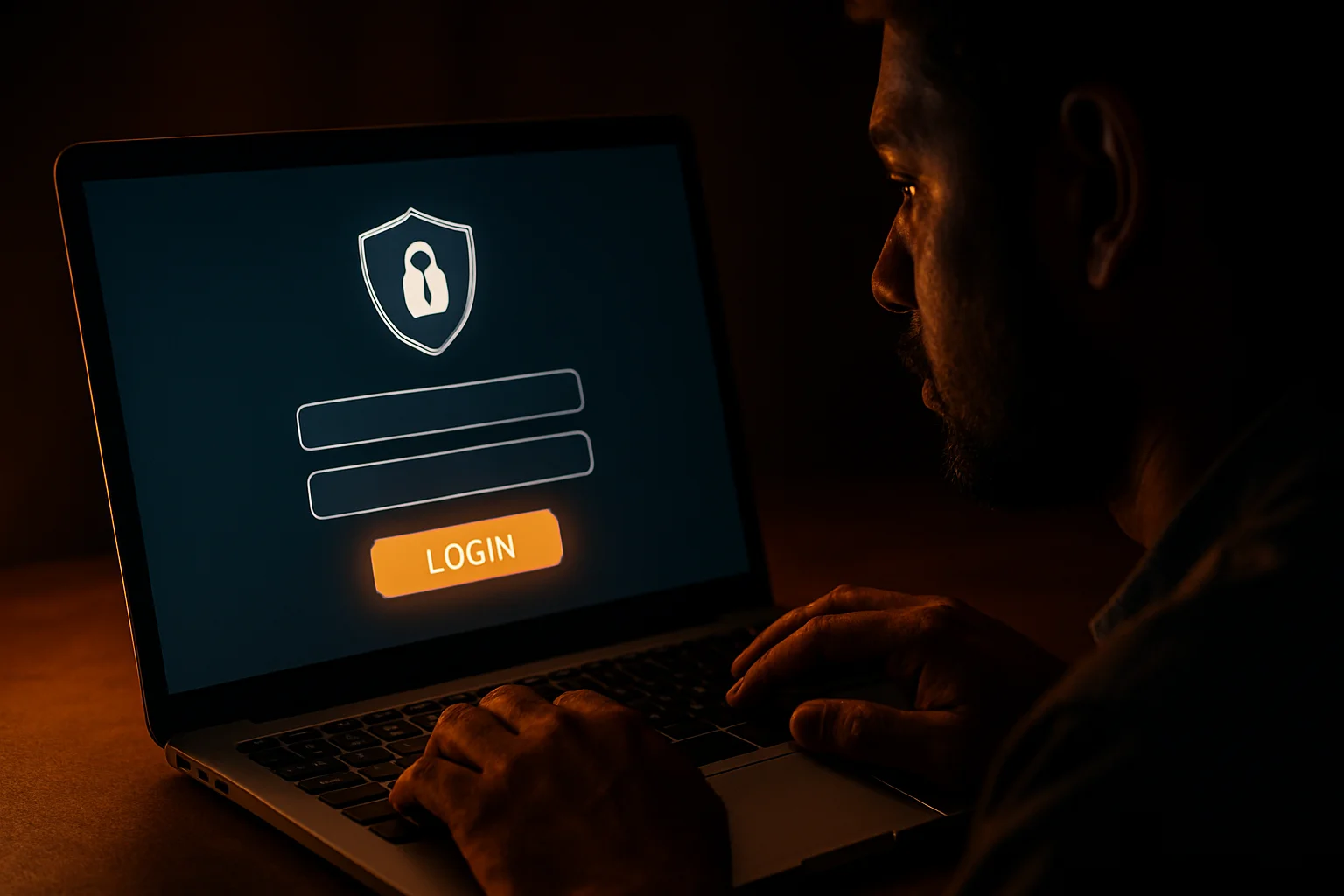 Bangladeshi man's hands on laptop showing stylized login form