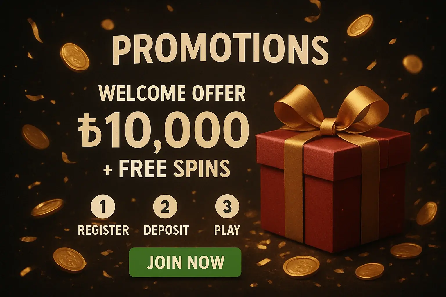 Casino promotions banner with gift box, golden coins, confetti, and CTA