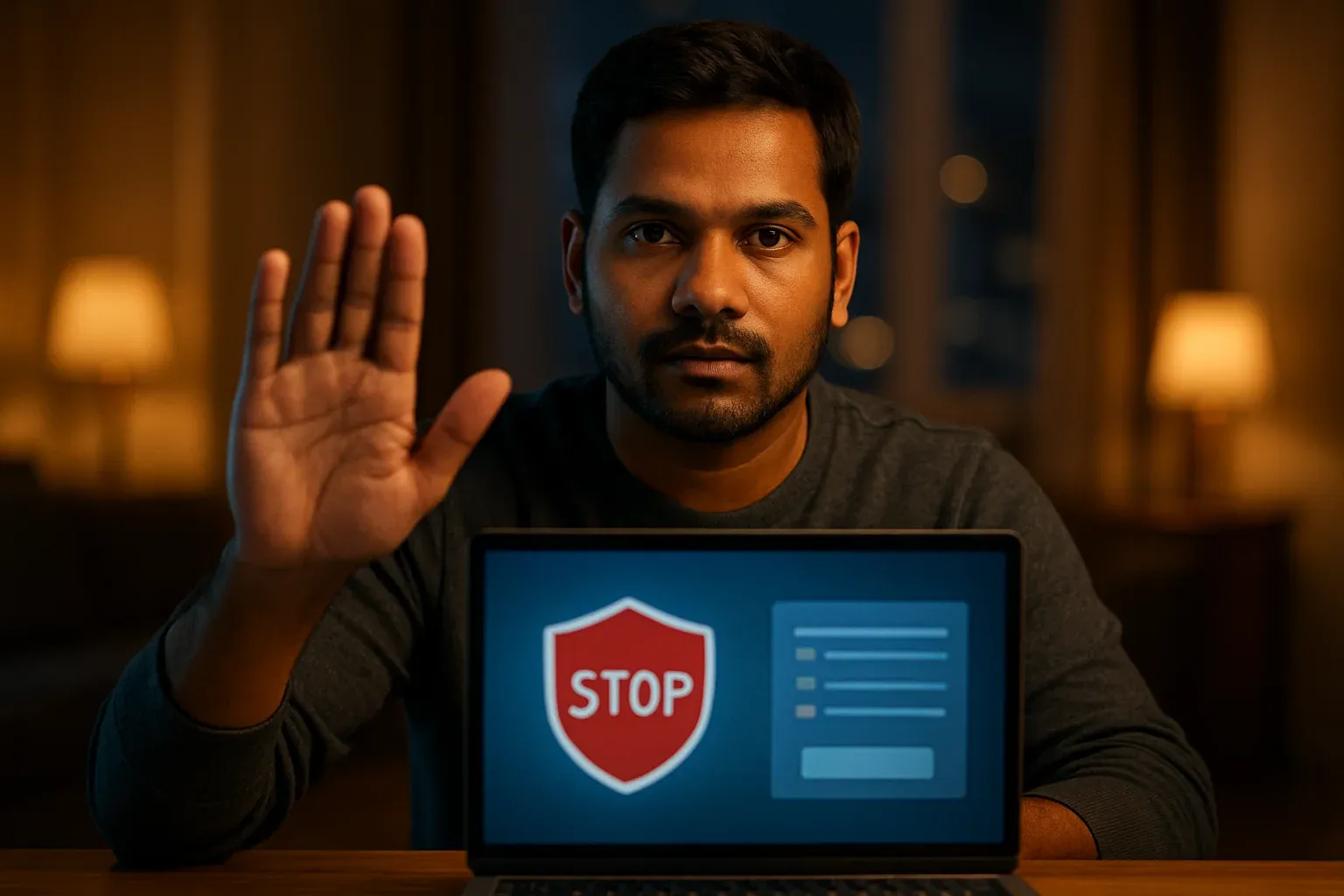Bangladeshi man shows stop gesture beside laptop with responsible gambling controls