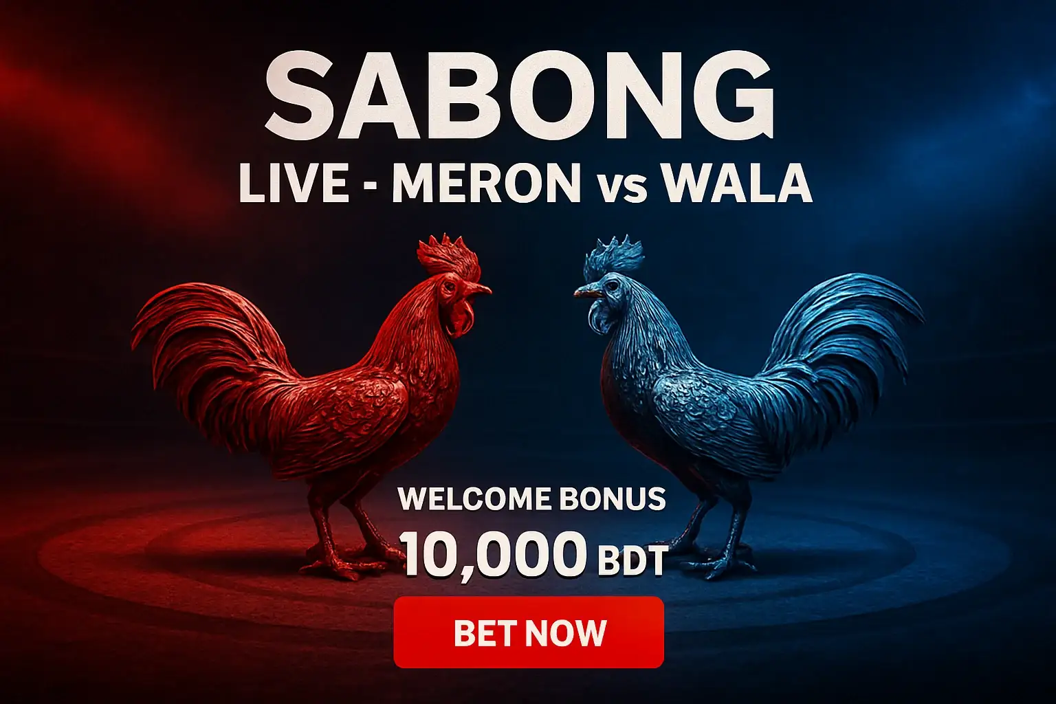 Live sabong banner with decorative rooster figurines and bonus offer