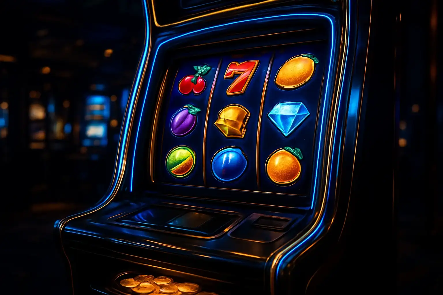 Hyperrealistic premium slot machine with glowing reels in dark luxury casino